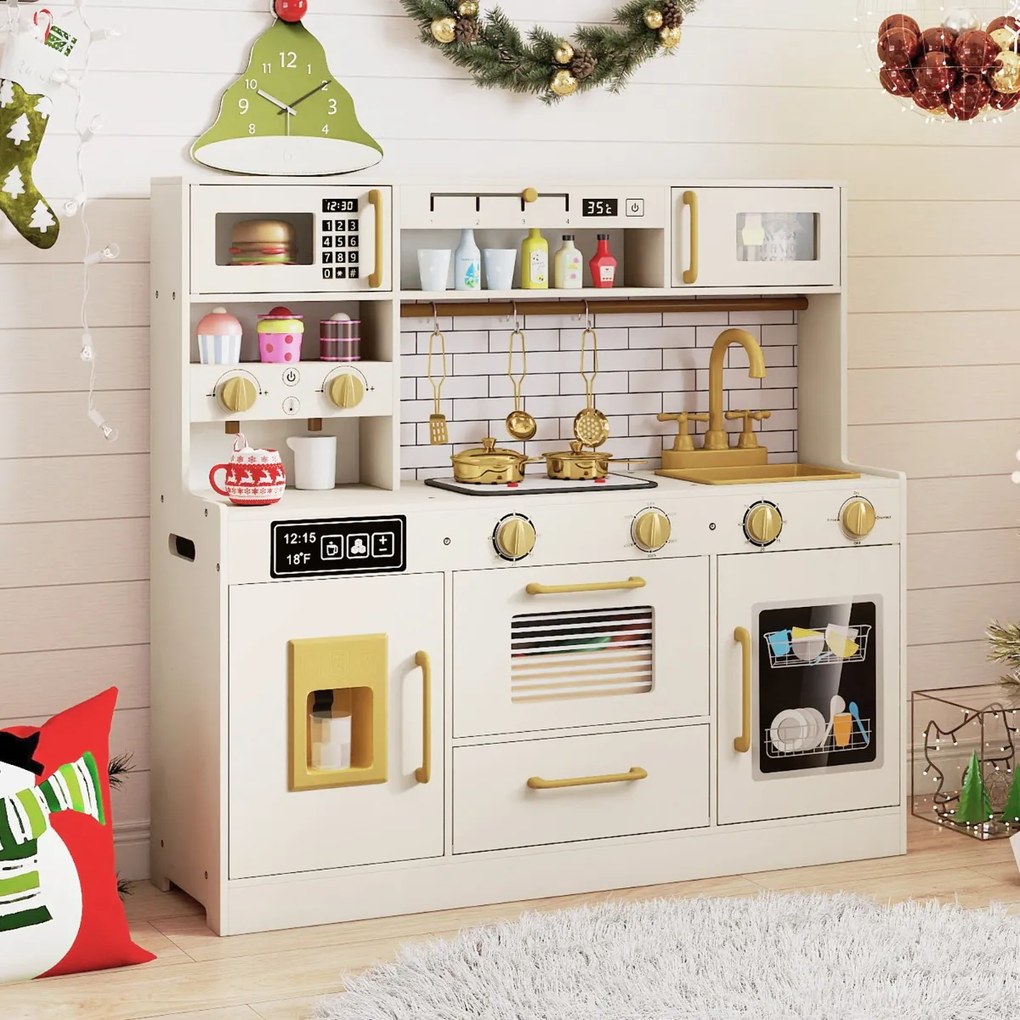 Cozinha Brincar para crianças 86 x 25,5 x 81 cm com luz e som, Inclui torneira, forno, micro-ondas e máquina de lavar louça bege.