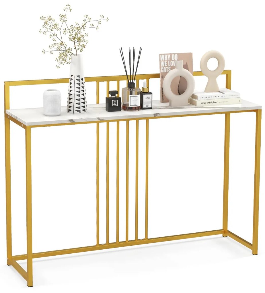 Mesa Consola de entrada com superfície em mármore artificial e estrutura em metal dourado 120 x 32 x 89 cm Branco + Dourado