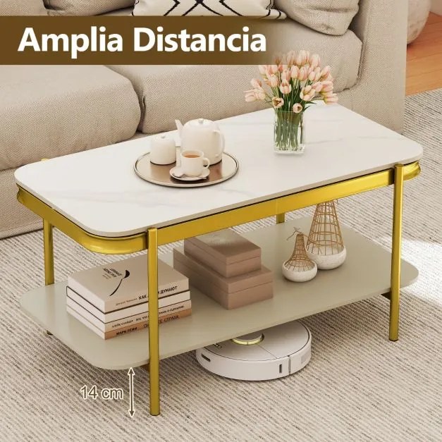 Mesa de centro 90 x 50 x 45,5 cm moderna retangular com 2 níveis, tampo sinterizado e prateleira, estrutura metálica, para sala, Branco + Dourado