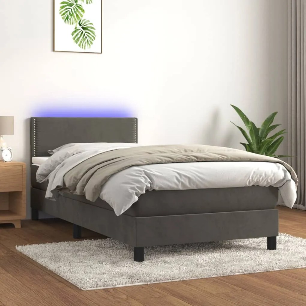 Cama box spring c/ colchão/LED 100x200cm veludo cinzento-escuro