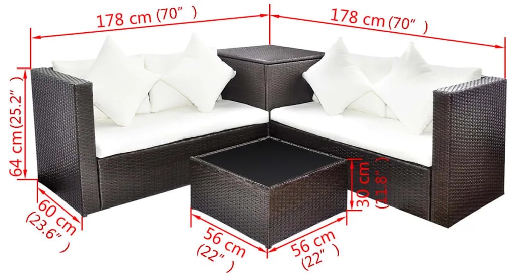 4 pcs conjunto lounge jardim c/ almofadões vime PE castanho