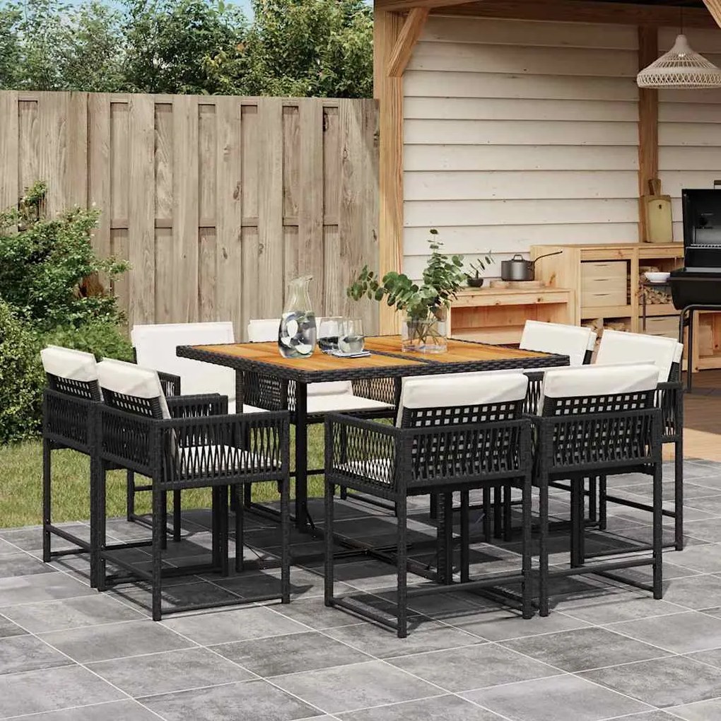 vidaXL 9 pcs conjunto de jantar p/ jardim c/ almofadões vime PE preto