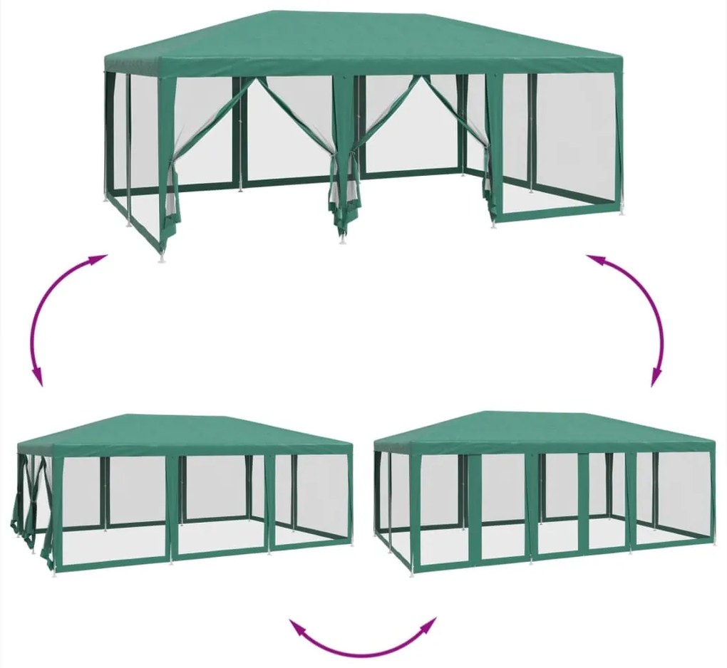 Tenda p/ festas c/ 10 paredes laterais em rede 6x4 m PEAD verde