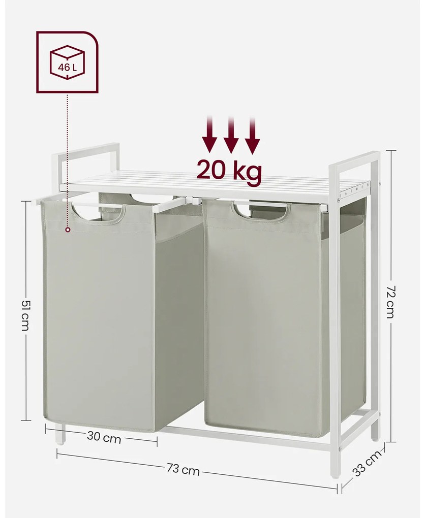 Cesto para roupa suja 2 x 46 L com 1 prateleira branco