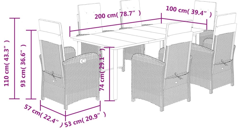 7 pcs conjunto jantar p/ jardim c/ almofadões vime PE castanho