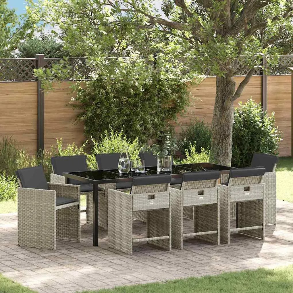 vidaXL Conjunto de Jantar de Jardim com 9 peças e almofadas cinzas de rattan de polietileno.