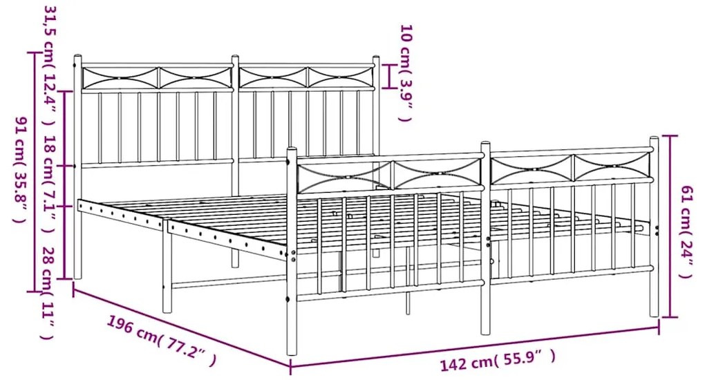 Estrutura de cama com cabeceira e pés 135x190 cm metal branco