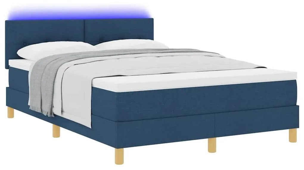 Cama Box Spring com Colchão &amp; LED Azul 140x200 cm Tecido