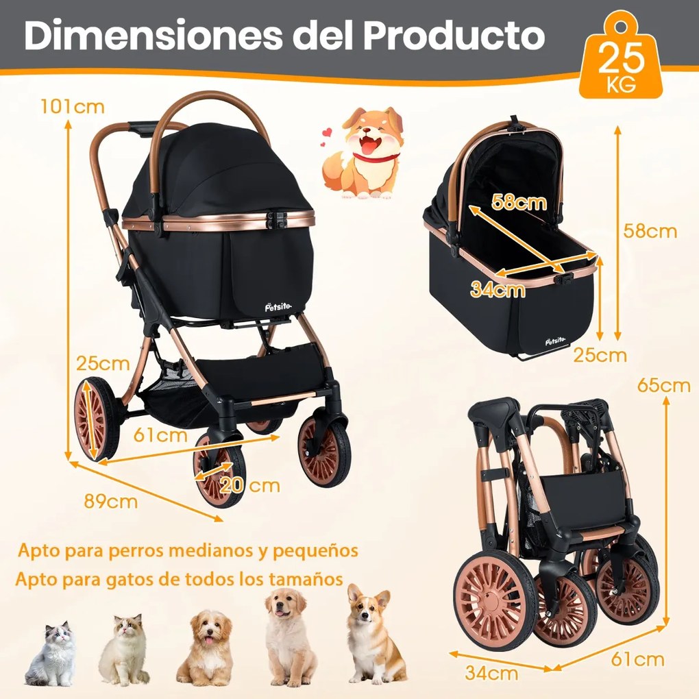 Carrinho para animais de estimação 3 em 1 dobrável com transportadora removível, sombra solar e almofada removível preta