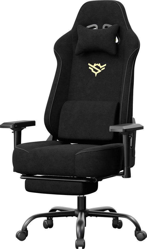 Cadeira gaming em imitação de camurça com apoio para os pés e braços 4D, até 200 kg, 72 x 72 x 125–135 cm, preta