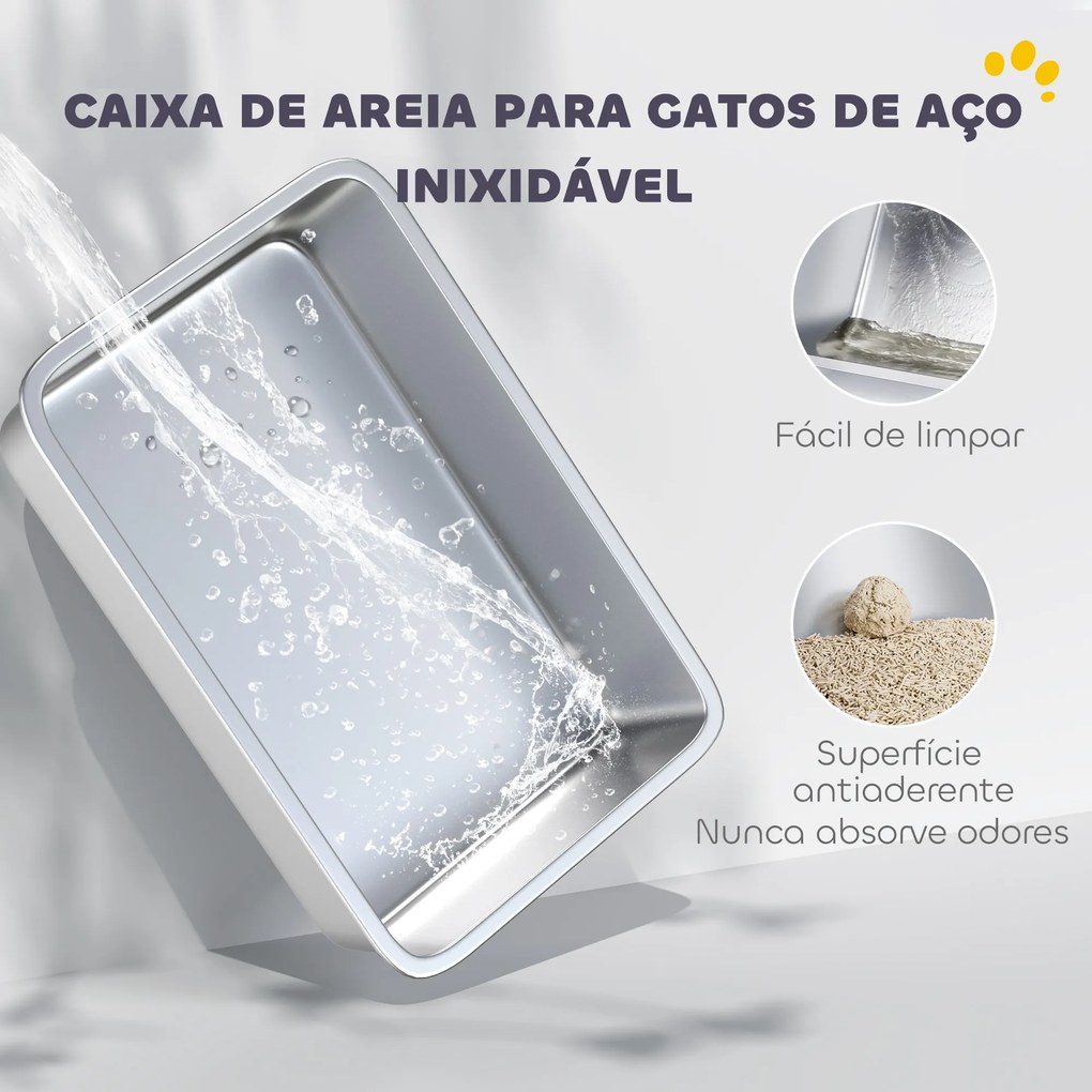 Caixa de Areia para Gatos em Aço Inoxidável XL Caixa de Areia para Gatos com Borda Alta e Pá 60x40x29,5 cm Cinzento