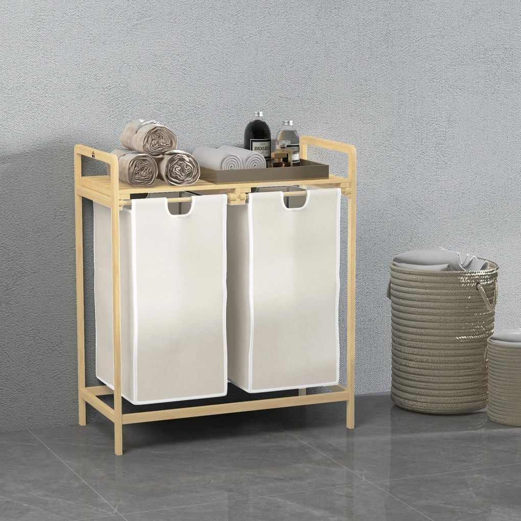 Cesto de roupa suja em bambu com 2 cestos removíveis e deslizantes em tecido não tecido 63,5 x 33 x 73 cm creme