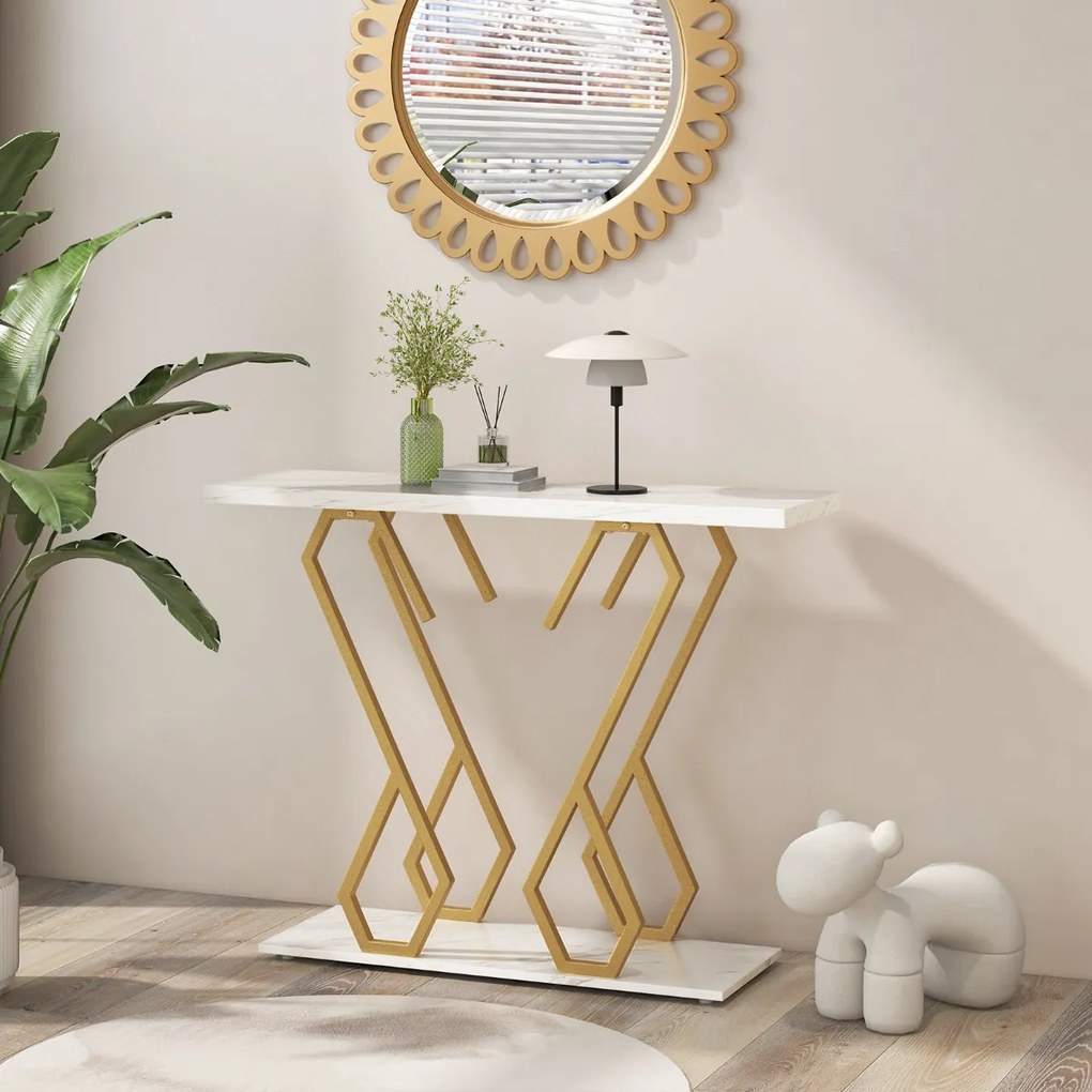 Mesa de Consola de Entrada, 100 x 30 x 79 cm, Tampo de Mármore Artificial, Branco