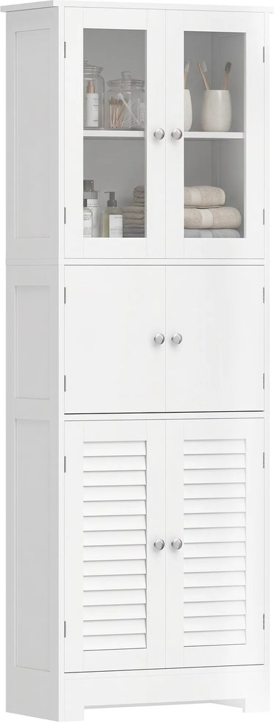 Armário alto de casa de banho, 60 x 30 x 170,5 cm armário de arrumação com 6 portas, das quais 2 envidraçadas e 2 com persianas, prateleira ajustável,