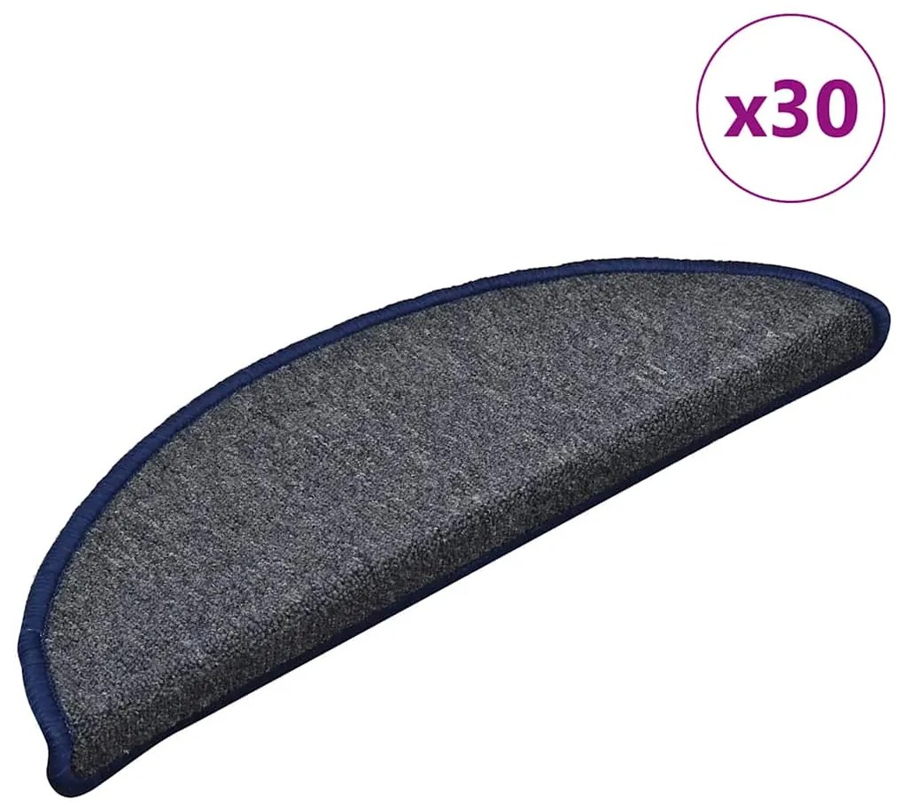vidaXL Tapetes de escada 30 peças 56x17x3 cm cinza escuro e azul semicircular