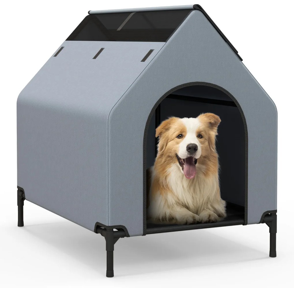 Casota de cães elevada de 91 cm para cães de raça pequena com janelas ventiladas Cobertura interior/exterior amovível Cinzento e Preto