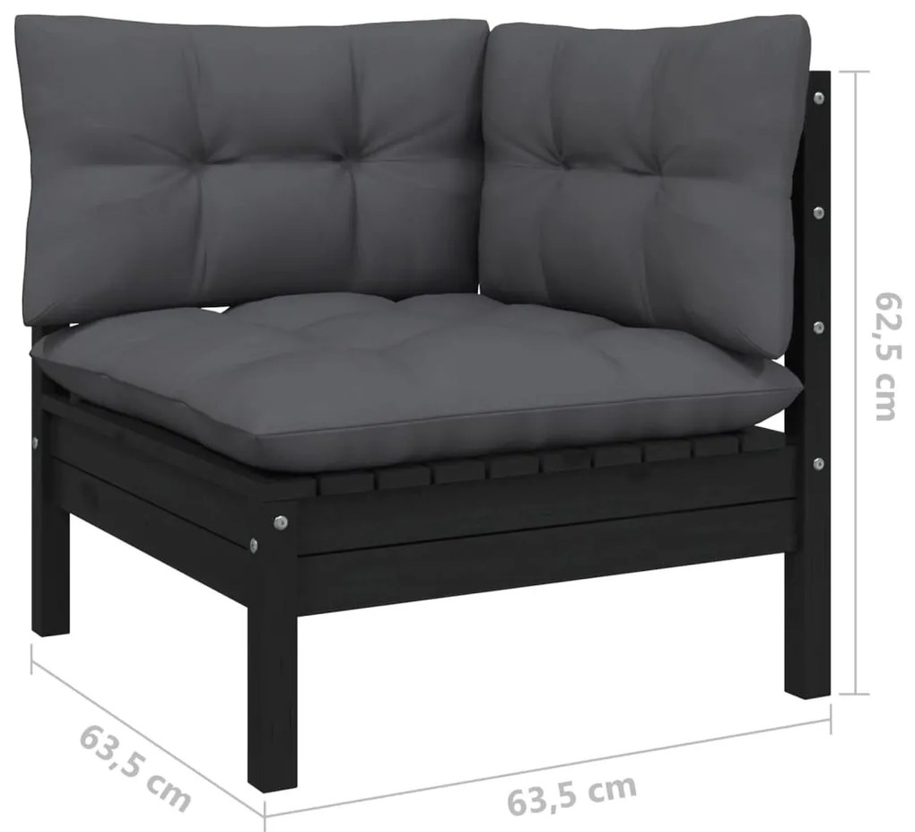 3 pcs conjunto lounge jardim c/ almofadões pinho maciço preto