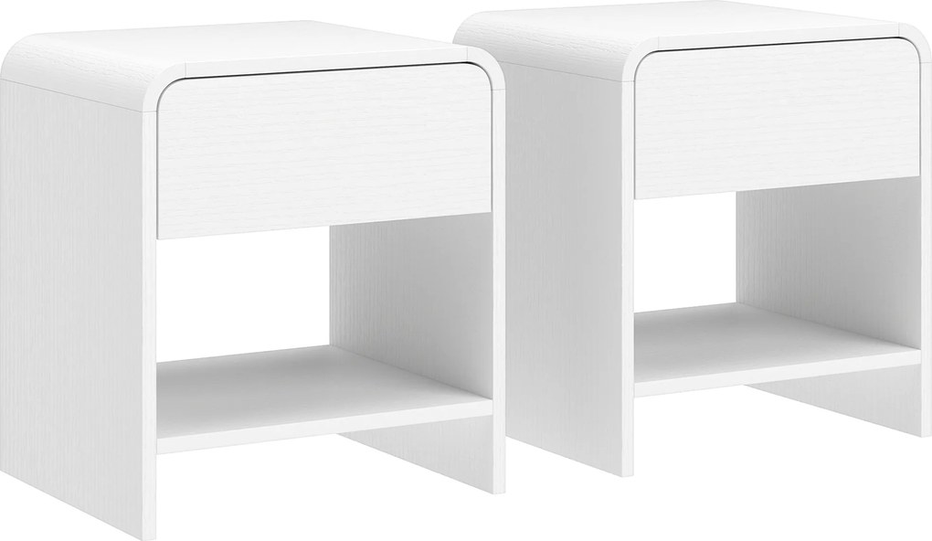 Conjunto de 2 Mesas de Cabeceira Nórdicas com Cantos Arredondados, Gaveta e Prateleira Aberta 40x35x45 cm Branco