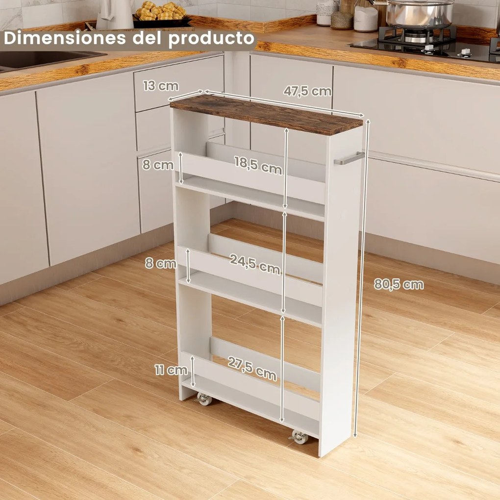 Carrinho de arrumação estreito para cozinha com 4 Estantes Rodas 48 x 13 x 81 cm Branco e Castanho Claro