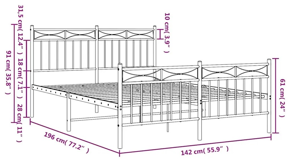 Estrutura de cama com cabeceira e pés 135x190 cm metal branco