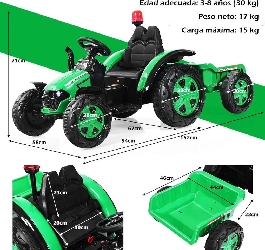 Trator elétrico infantil 2 em 1 com reboque. Inclui comando à distância e cinto de segurança de 2 pontos para crianças de 3 a 8 anos. Verde.