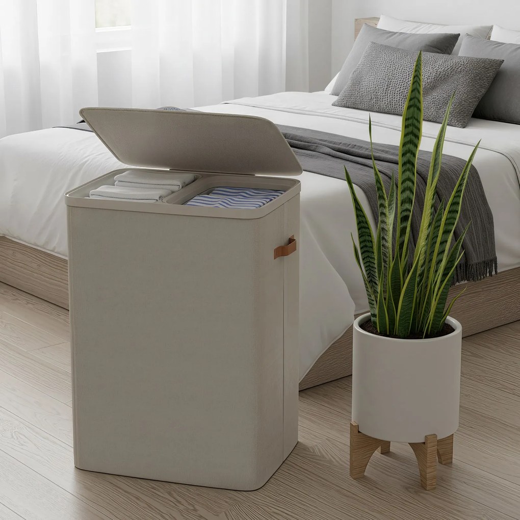 Cesto da roupa suja, 170 L com 2 compartimentos 56 x 40 x 75 cm bege cappuccino