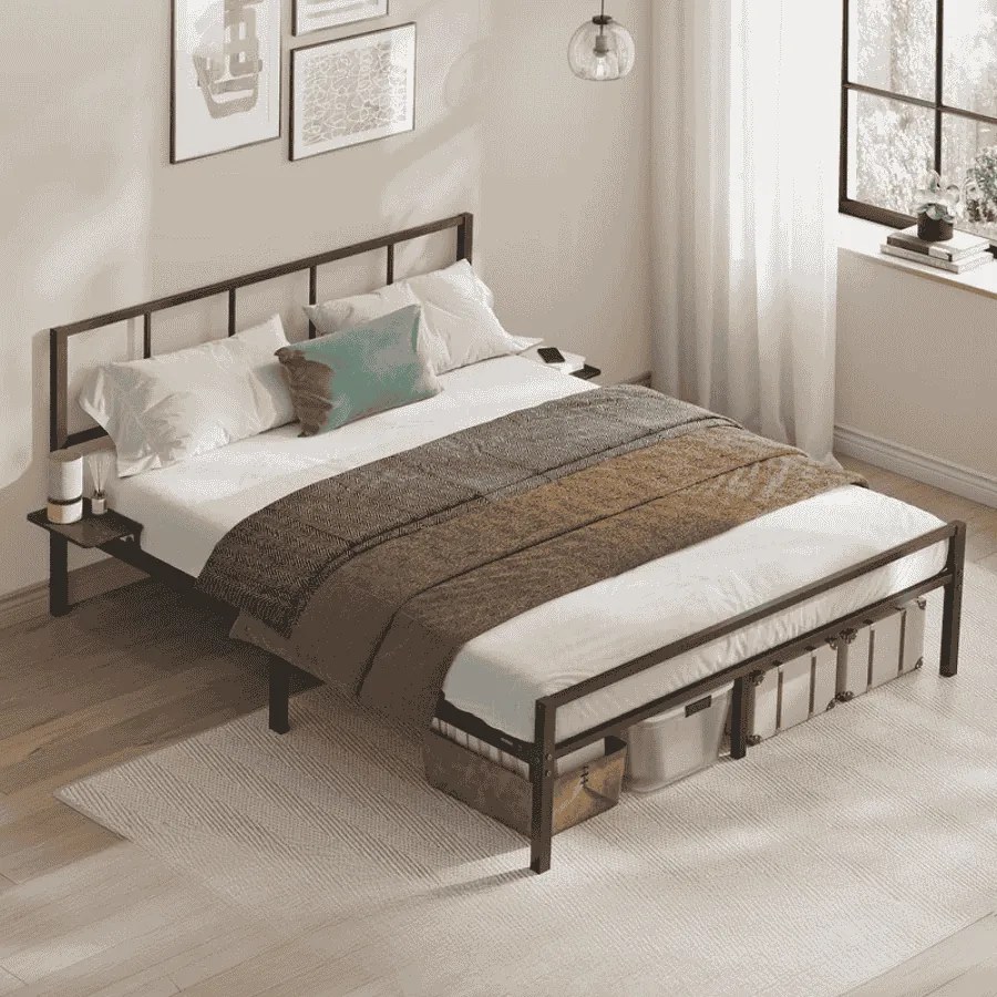 Estrutura de cama de casal 140 x 200 cm (COLCHÃO NÃO INCLUIDO) em metal com prateleiras de arrumação Preto