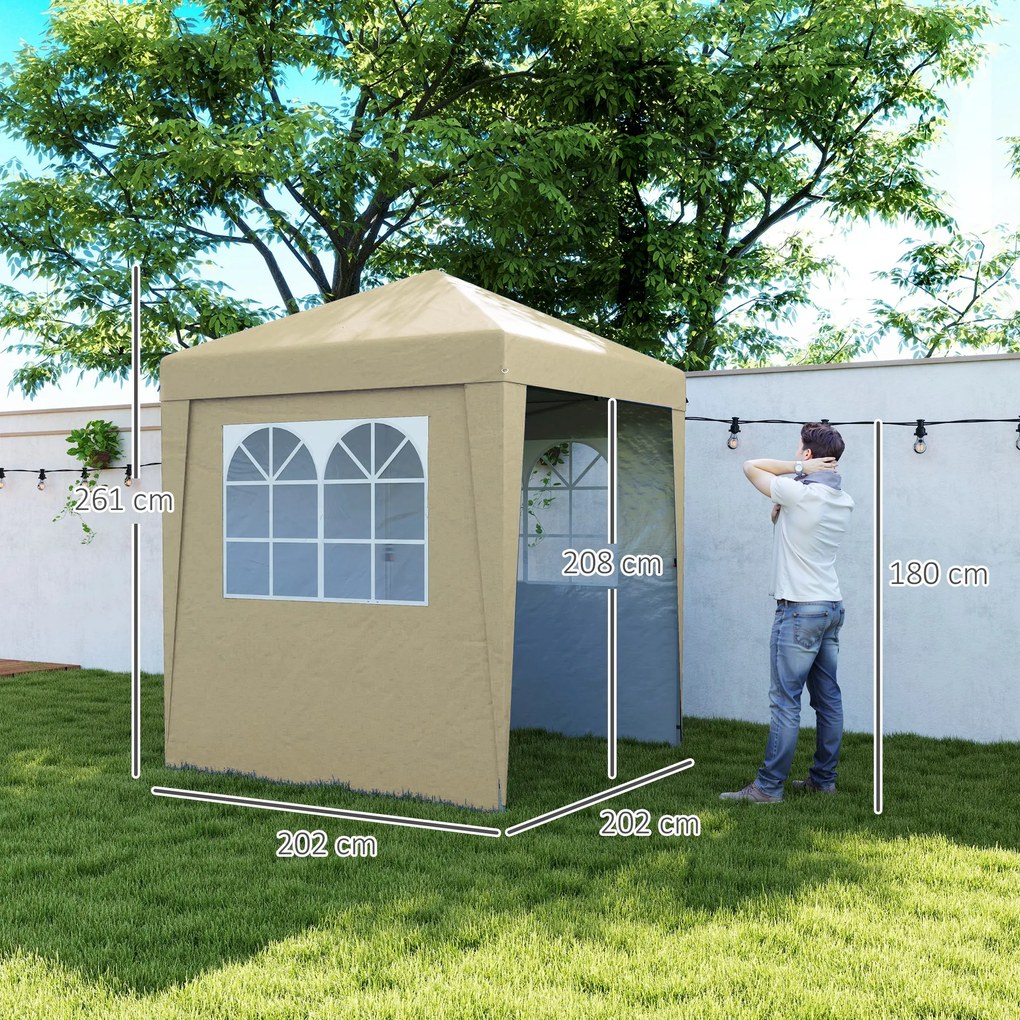 Tenda de jardim pop-up, dobrável 202 C x 202 L x 261 A cm, com altura ajustável, proteção UV 30+, 3 paredes laterais, bege