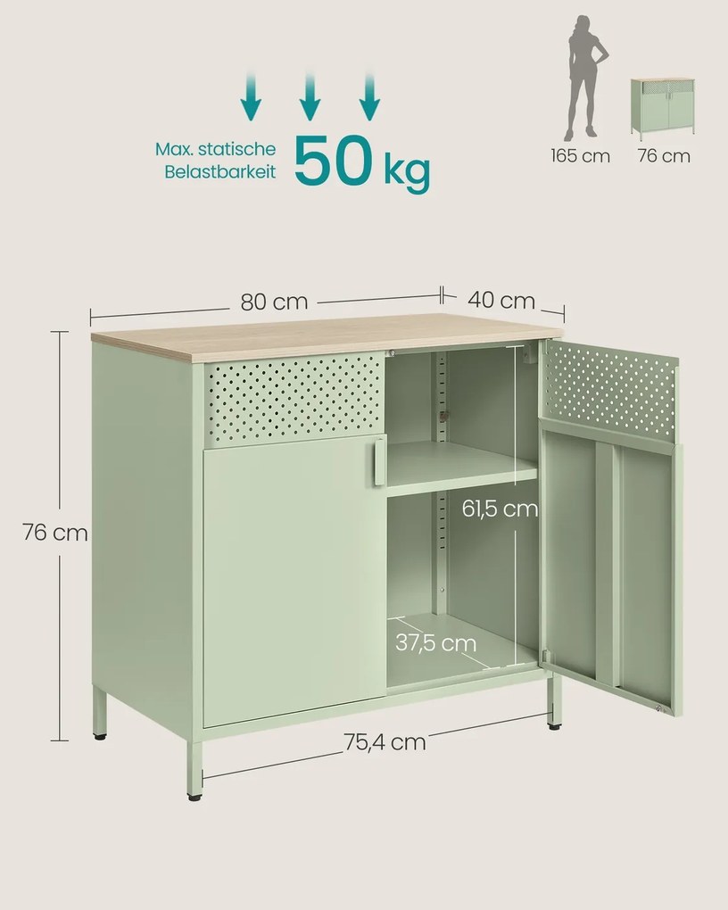 Armário de arrumação cozinha, sala, escritório em aço 40 x 80 x 76 cm verde-louro e tom de carvalho natural