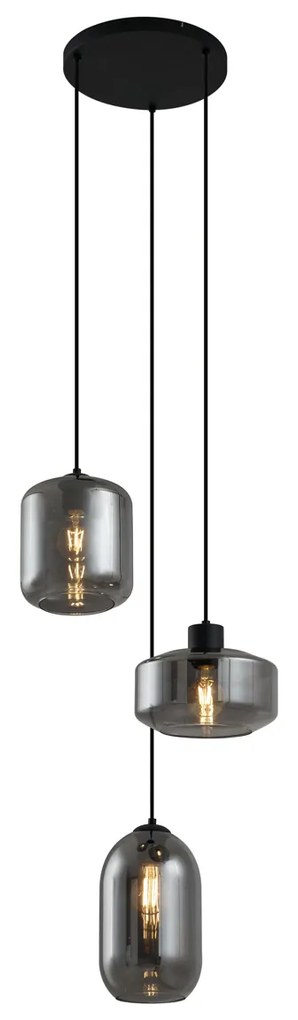 Candeeiro suspenso moderno preto com vidro fumado 3-luzes - Sheena Moderno