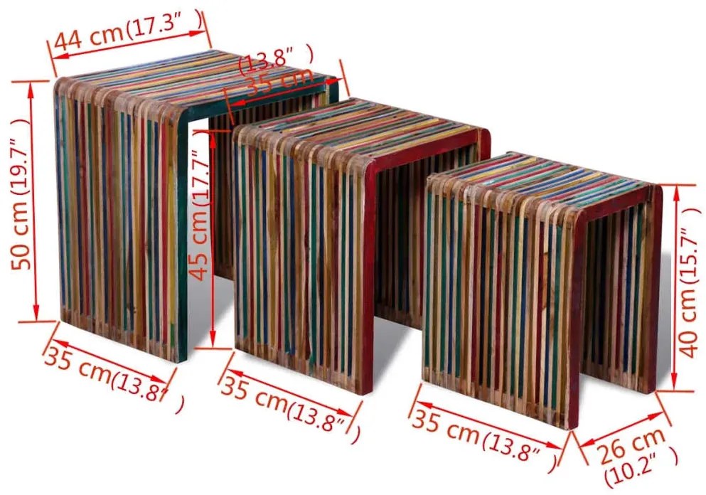Conjunto de mesas de encastrar 3 pcs teca reciclada colorida