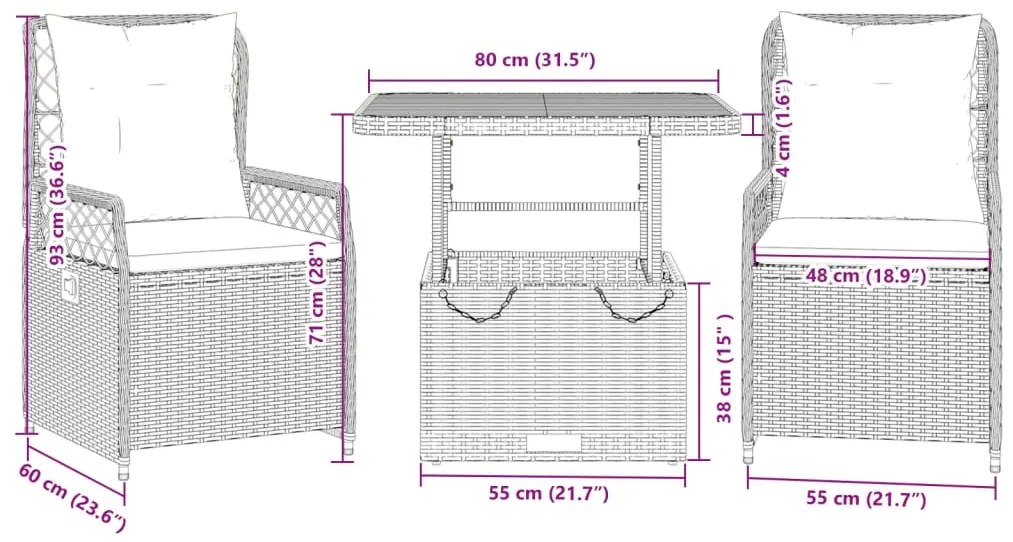 3 pcs conjunto de jantar p/ jardim com almofadões vime PE bege