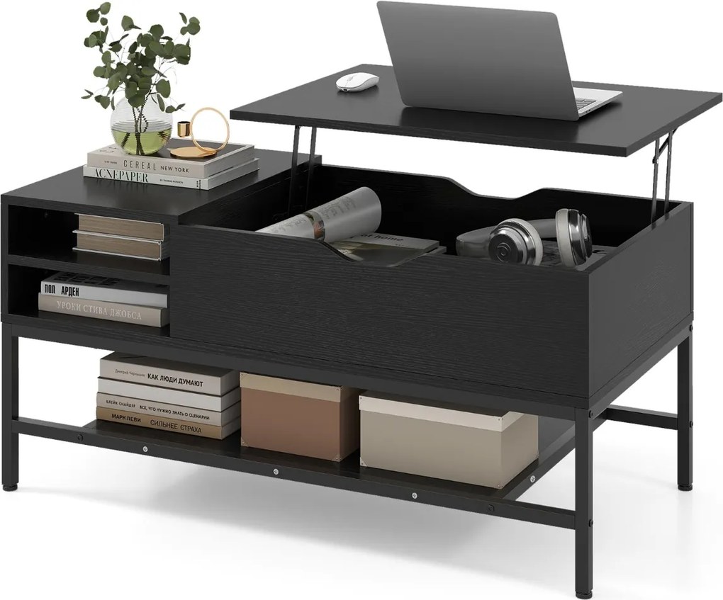 Mesa de centro elevável 99,5 x 49,5 x 47,5 cm com compartimento oculto com prateleira de armazenamento elevável Preta