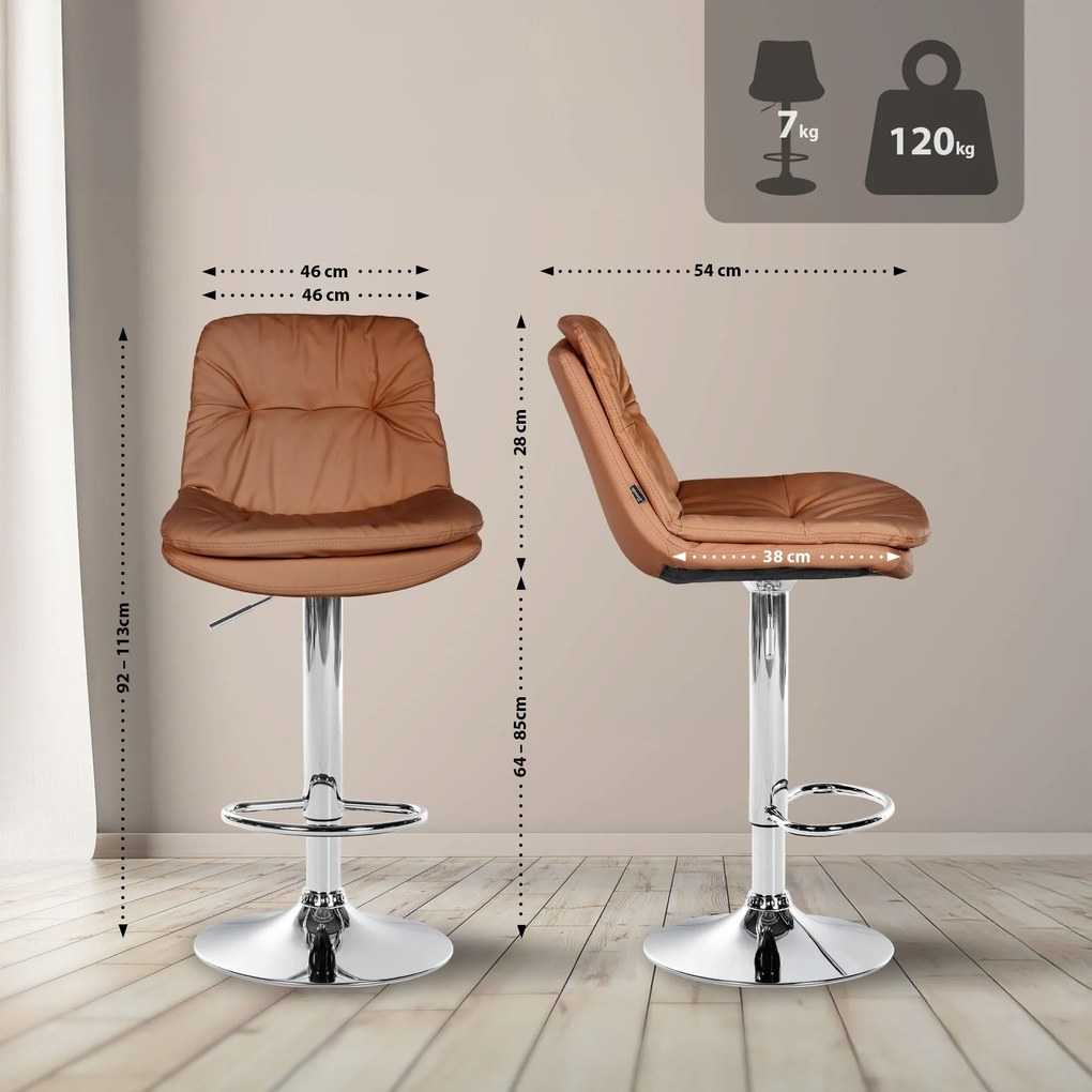 Banco de bar em couro sintético com estrutura prateada 92-113 x 46 x 54 cm castanho claro