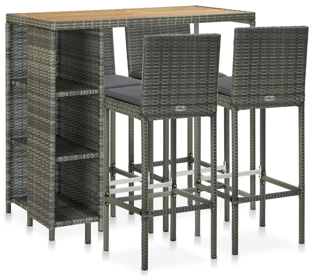 5 pcs conjunto de bar p/ jardim c/ almofadões vime PE cinzento