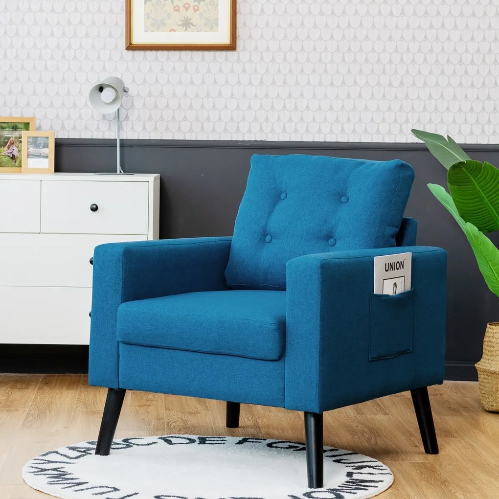 Sofá moderno de braços em pele Apida com pernas de madeira e 2 bolsos laterais 75 x 81 x 86 cm Azul