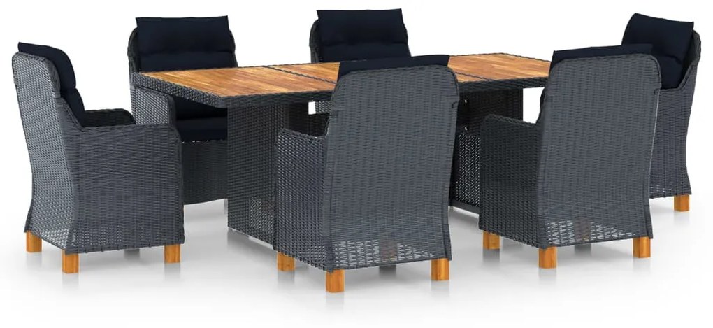 vidaXL 7 pcs conj. jantar exterior c/ almofadões vime PE cinza-escuro