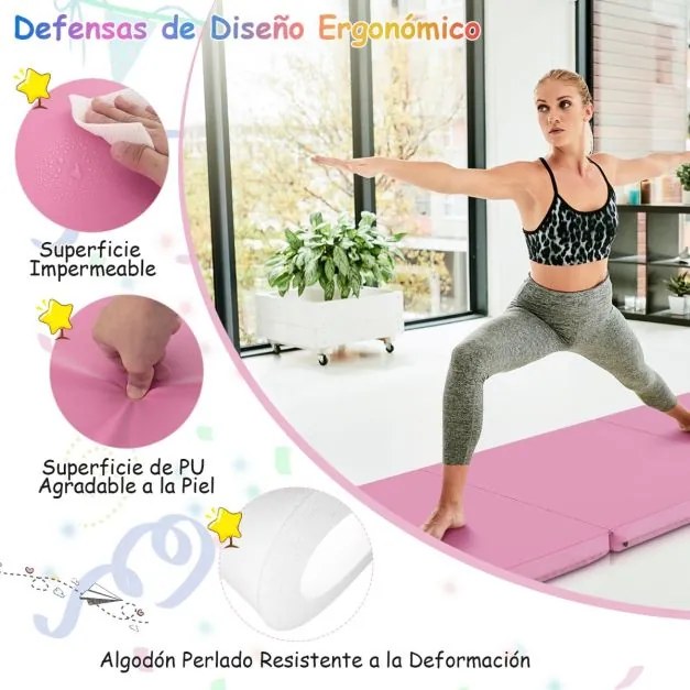 Colchão de ginástica com três dobras e alças de transporte e fechos de velcro 180 x 60 x 5 cm, rosa
