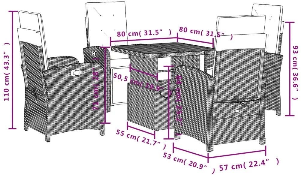 5 pcs conjunto de jantar p/ jardim com almofadões vime PE bege