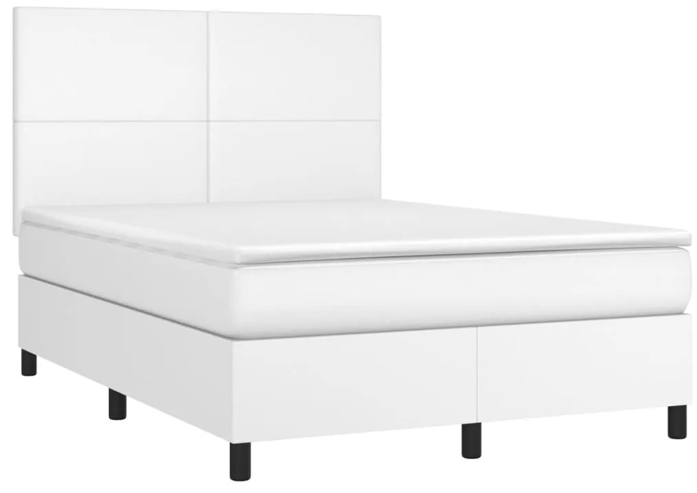 Cama box spring c/colchão/LED 140x190cm couro artificial branco