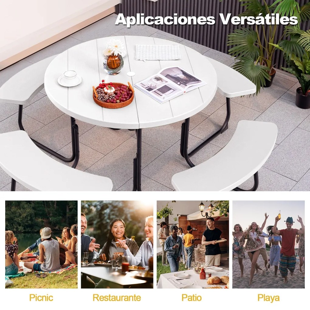 Conjunto de jardim para 8 pessoas com mesa e 4 bancos, orifício para guarda-sol e mesa de campismo redonda para piquenique no jardim Carga 225 kg Bran