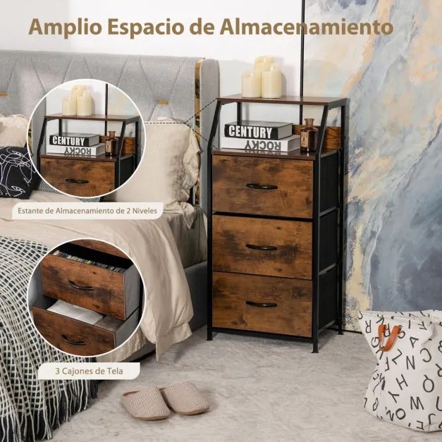 Armário arrumação de 3 gavetas com estrutura de aço para quarto, sala de estar, escritório 45 x 29,5 x 92 cm Castanho