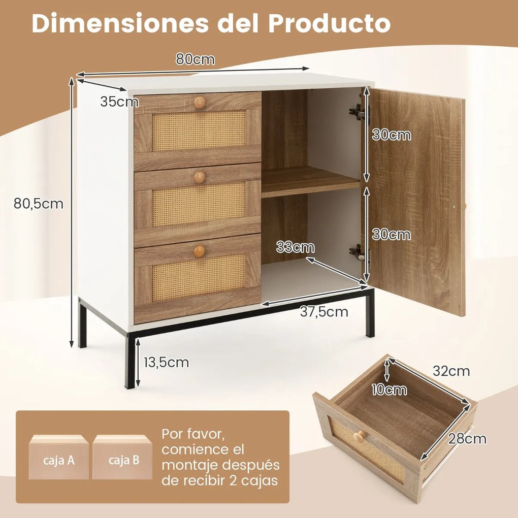 Aparador Aljezur com Frente em Rattan – 80x35x80,5 cm – Branco e Natur