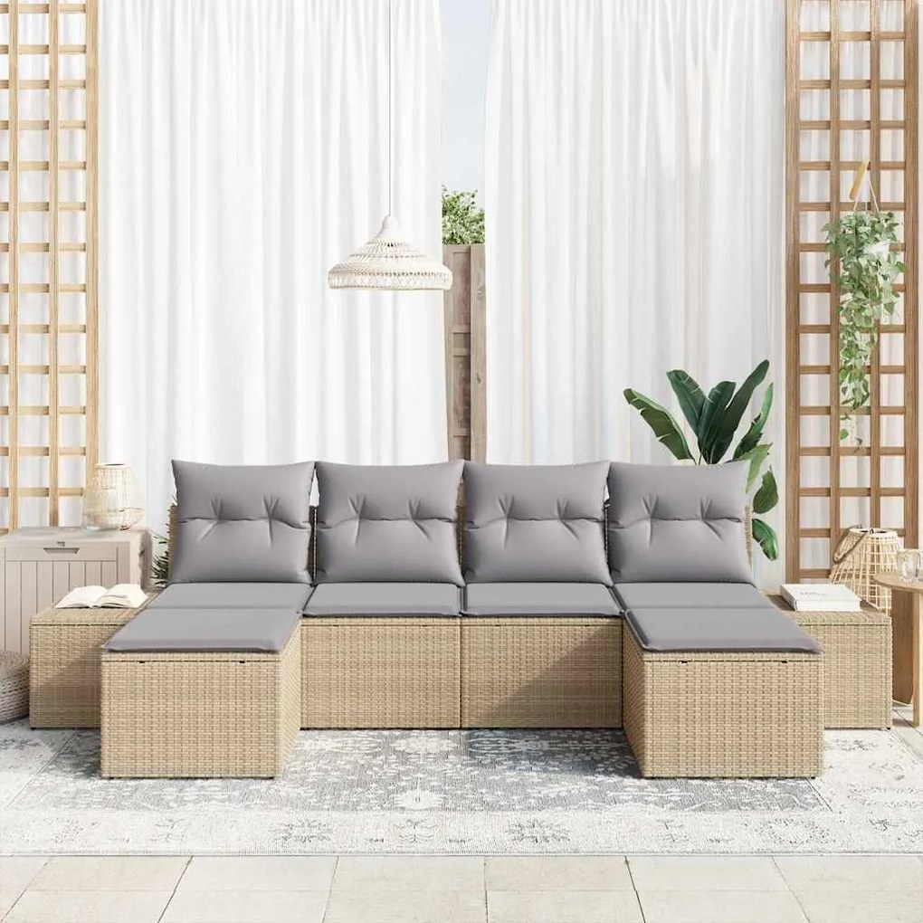 Conjunto de Sofás de Jardim de 6 Peças com Almofadas Bege Rattan Polié