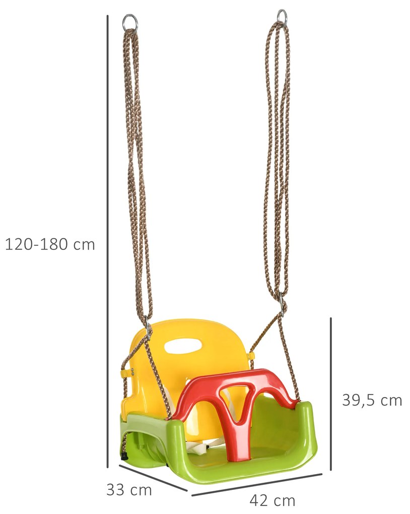Outsunny Baloiço para Bebé 3 em 1 com Encosto Desmontável Cordas Ajustáveis e Barra em T Baloiço Infantil para Crianças de 9-36 Meses para Interior e Exterior 42x33x120-180 cm Multicor