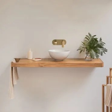 Conjunto De Móvel De Casa De Banho 130x45 Cm Suspenso Em Madeira De Teca Neill Madeira De Teca & Sem Espelho & Ouro Escovado Embutido Com Válvula De D