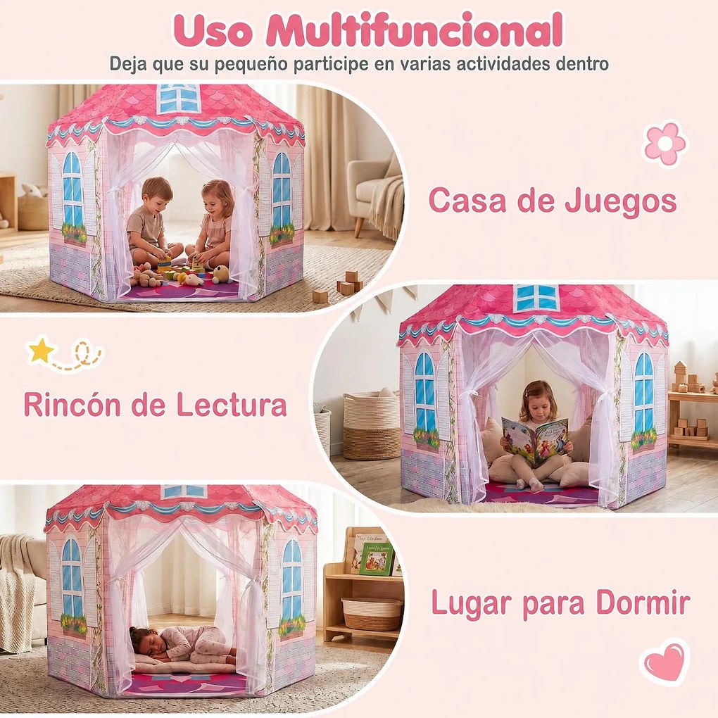 Tenda de Jogos Hexagonal para Crianças, 140 x 140 x 140 cm, Cortinas de Malha Respirável, Rosa