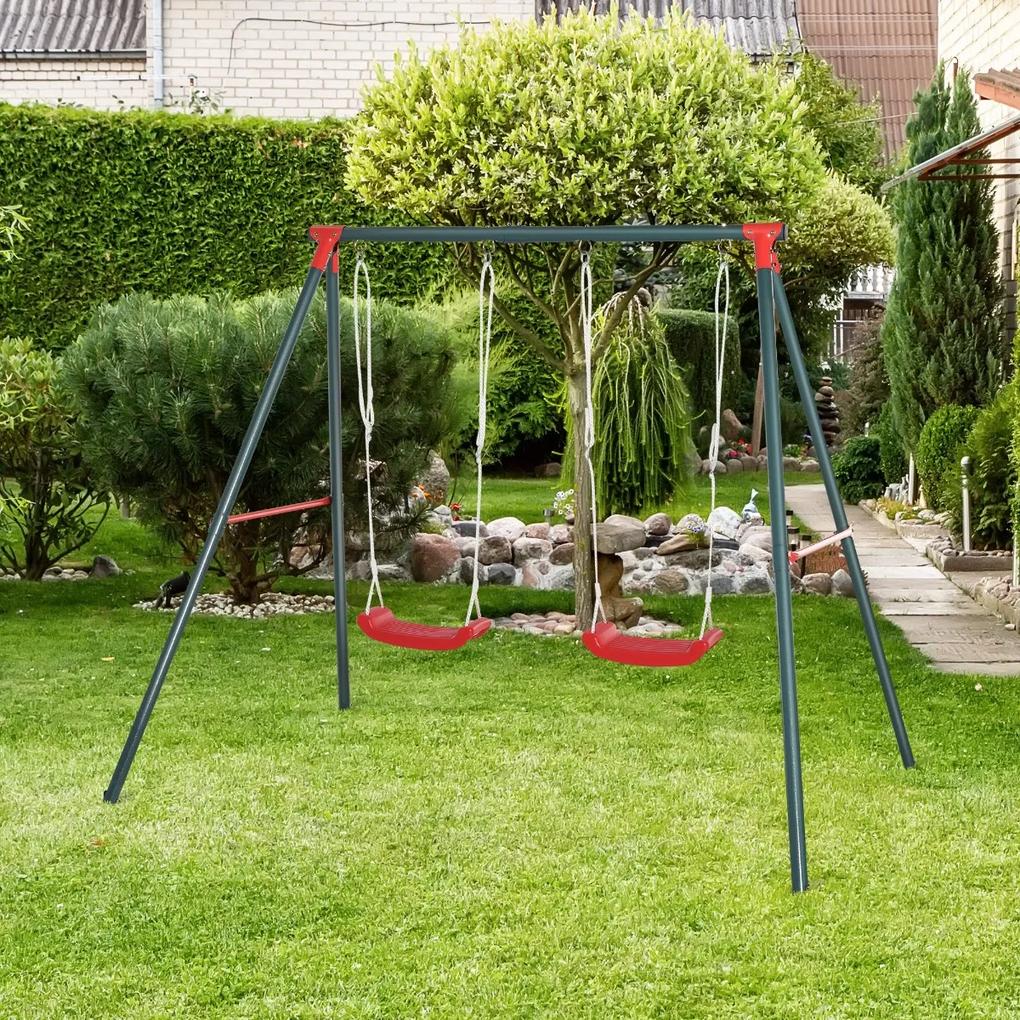 Balanço duplo para crianças acima de 3 anos com suporte de metal coml Corda ajustável ao ar livre máx. 40kg 220x160x180cm Verde Vermelho