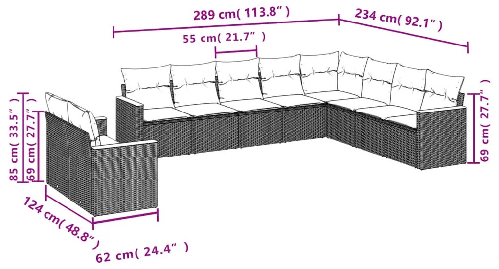 10 pcs conjunto de sofás p/ jardim com almofadões vime PE bege