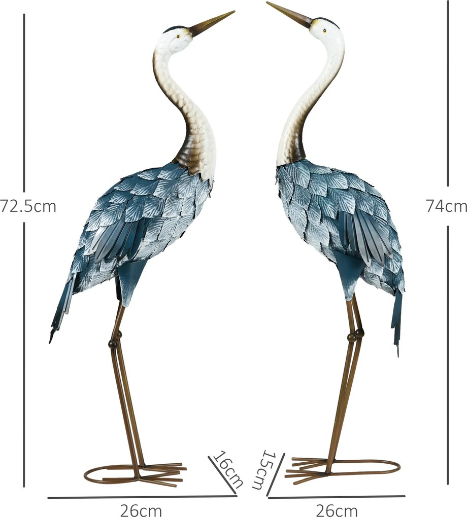 Conjunto de 2 estátuas de jardim: escultura de grou, decoração exterior com tema de aves, em aço, para terraço, varanda, pátio e relvado multicolorida